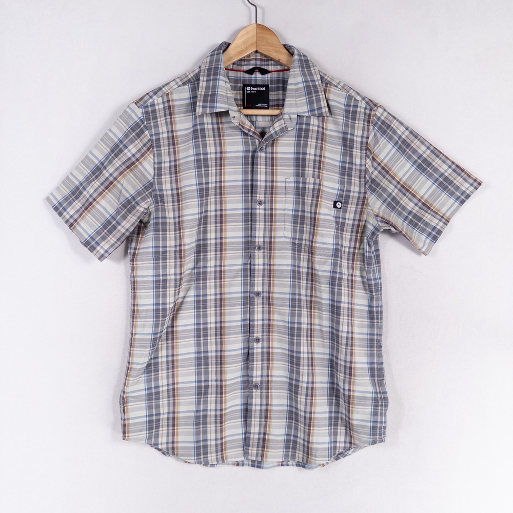 Marmot Shirt Men Sz Medium Gray Plaid Button Up Nylon Blend Short Sleeve Outdoor
